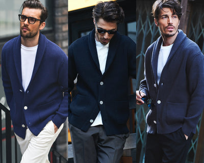 A modern cardigan that fits the mood of the moment! three examples of 'WOOSTER CARDIGAN' men's outfits