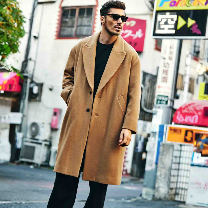 ロングチェスターコート「SHANKS TOKYO(シャンクス トーキョー)」キャメル　着用モデル