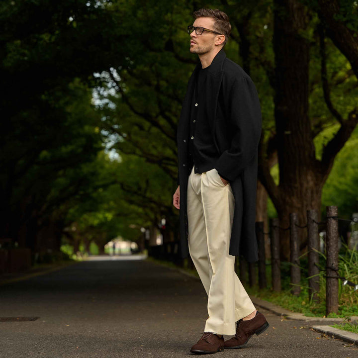 ロングチェスターコート「SHANKS TOKYO(シャンクス トーキョー)」ブラック　着用モデル