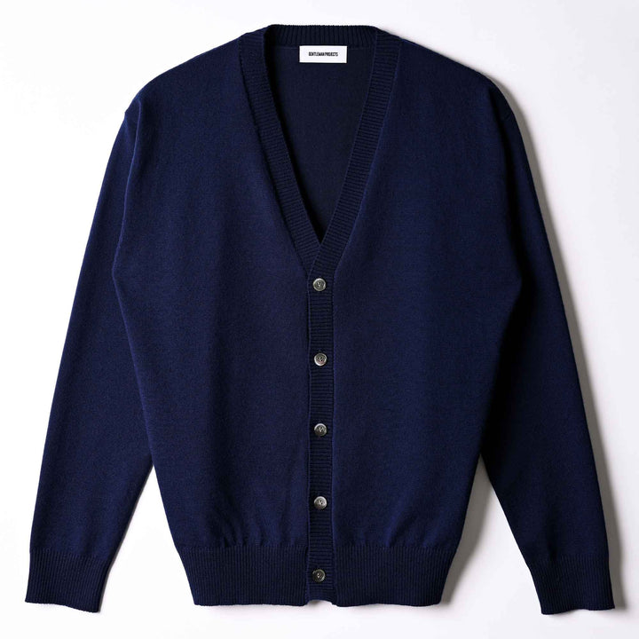 ワイドVネックカーディガン「ROY(ロイ)」ネイビー　フロント　物カット
