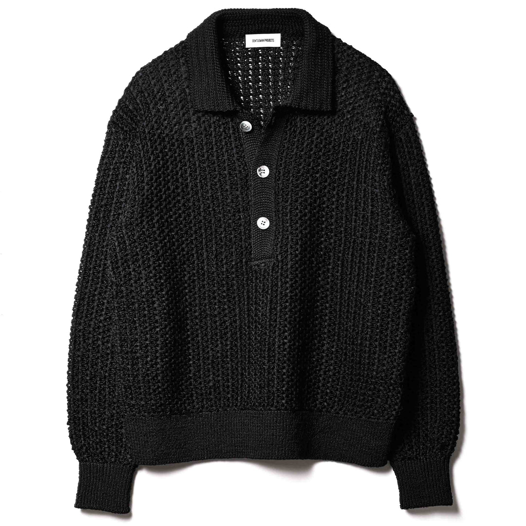 ザク編みニットポロシャツ「SUKHNA(スクナ)」ブラック　フロント　物カット